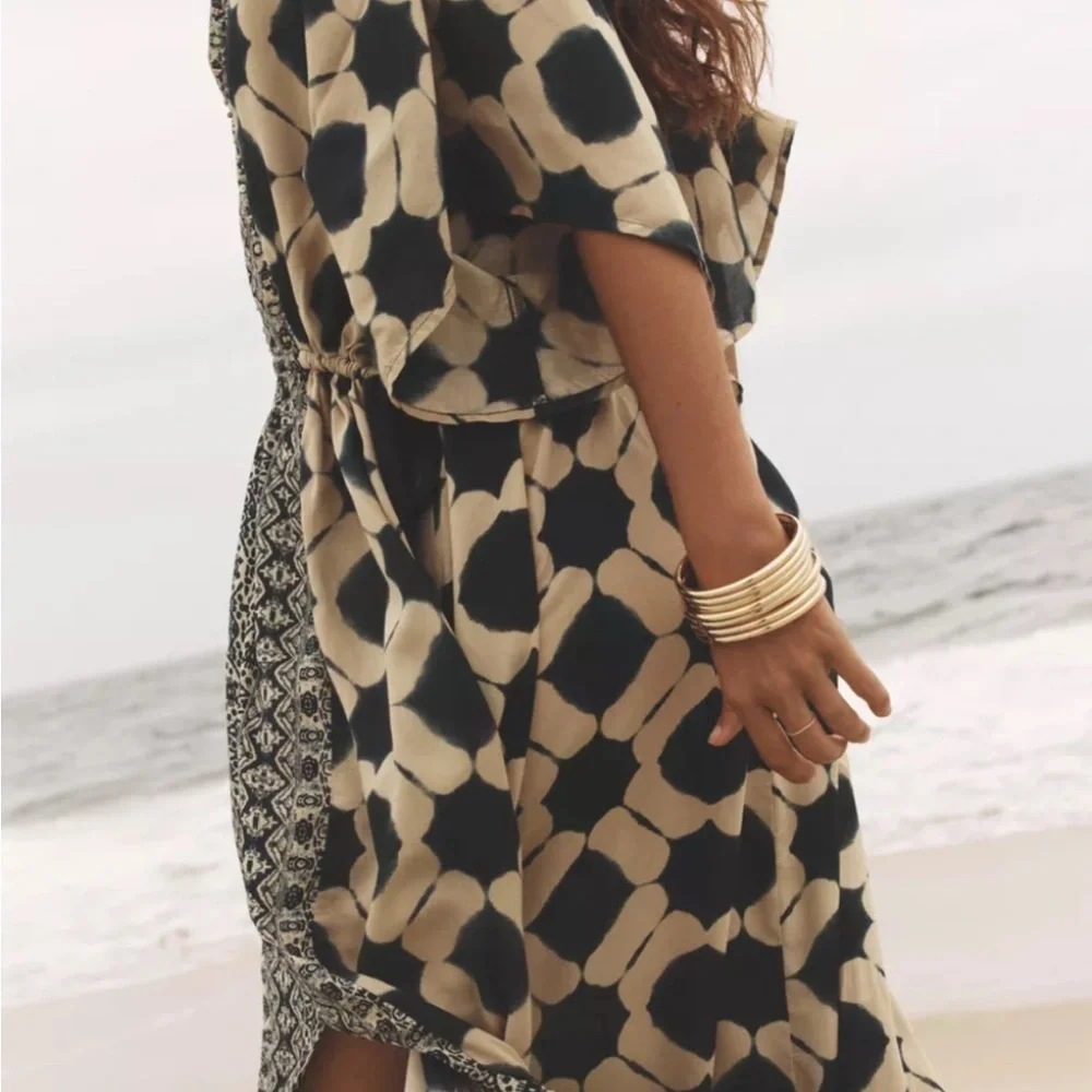 Printed Kaftan Dress. Chic Black and Cream oversized XS- S. - Picture 5 of 12